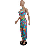 Summer Womens Clothing Halter Neck Printed Crop Top Loose Long Pants Party Club Two-Piece Suits DY-6667