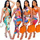 Fashion Abstract Printed Halter Crop Top Midi Skirts Strench Women Clothing Party Elegant 2 Piece Set DY-6666