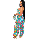 Summer Womens Clothing Halter Neck Printed Crop Top Loose Long Pants Party Club Two-Piece Suits DY-6667