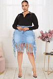 Fashion Streetwear Summer Ripped Tassel Zipper Pockets Stretchy High Waists Women Denim Mini Skirt LX-3501