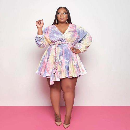 Tie Dye Printed V-Neck Sexy Women Elegant Plus Size Vintage Women's Long Sleeve Chic Mini Dresses OSS-21086