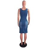 Fashion Casual Office Lady Clothing Women's Summer Sleeveless Slim Fitting Denim Midi Dress LX-6901