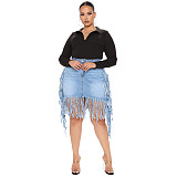Fashion Streetwear Summer Ripped Tassel Zipper Pockets Stretchy High Waists Women Denim Mini Skirt LX-3501