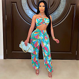 Summer Womens Clothing Halter Neck Printed Crop Top Loose Long Pants Party Club Two-Piece Suits DY-6667