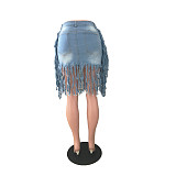 Fashion Streetwear Summer Ripped Tassel Zipper Pockets Stretchy High Waists Women Denim Mini Skirt LX-3501