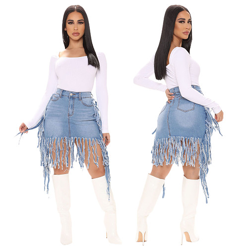 Fashion Streetwear Summer Ripped Tassel Zipper Pockets Stretchy High Waists Women Denim Mini Skirt LX-3501