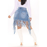 Fashion Streetwear Summer Ripped Tassel Zipper Pockets Stretchy High Waists Women Denim Mini Skirt LX-3501