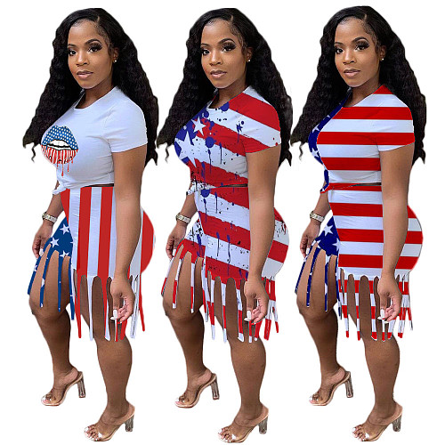 Summer Fashion Print Short Sleeve O Neck T Shirt Tassel Shorts Fitness Sporty Women Two Piece Set DY-6665