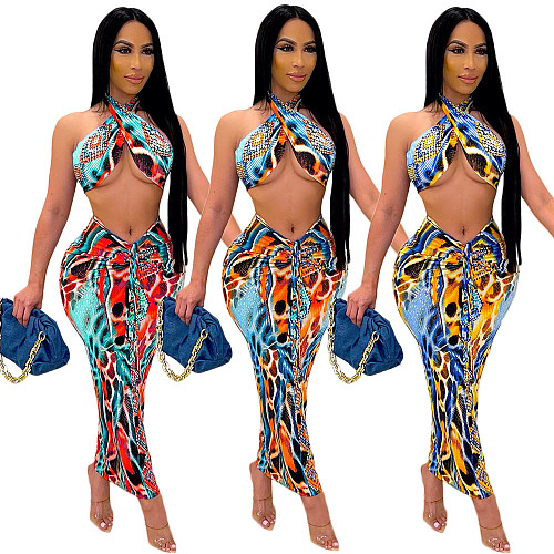 Fashion Abstract Printed Halter Crop Top Midi Skirts Strench Women Clothing Party Elegant 2 Piece Set DY-6666