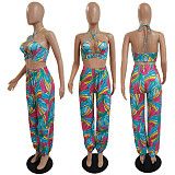 Summer Womens Clothing Halter Neck Printed Crop Top Loose Long Pants Party Club Two-Piece Suits DY-6667