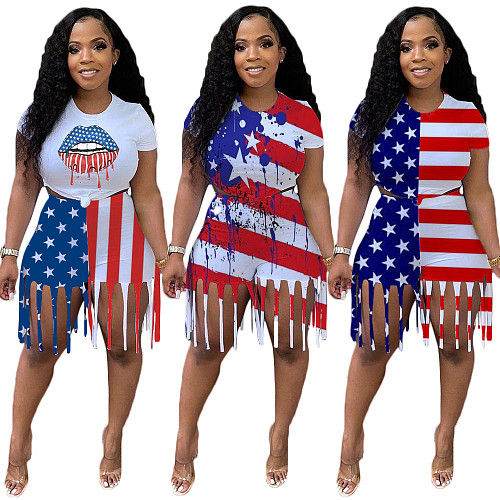 Summer Fashion Print Short Sleeve O Neck T Shirt Tassel Shorts Fitness Sporty Women Two Piece Set DY-6665