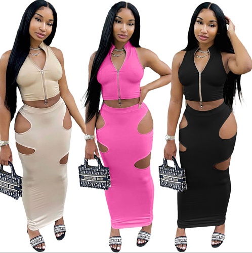 Women Clothing Solid Sleeveless Zip Stand Collar Crop Tops Hole Long Bodycon Skirts Two Piece Sets NIYA-8076