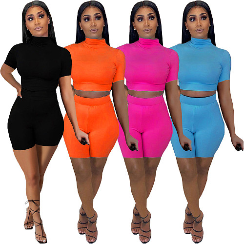 Women Casual Solid O-Neck Short Sleeve Crop Tops Sporty Shorts Fitness 2 Piece Sets FNN-8622