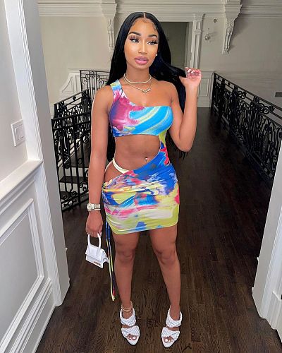 Sexy Summer Women 2021 Clubwear Colorful Tie Dye Cut Out One Shoulder Sleeveless Bodycon Mini Dress SD-52107
