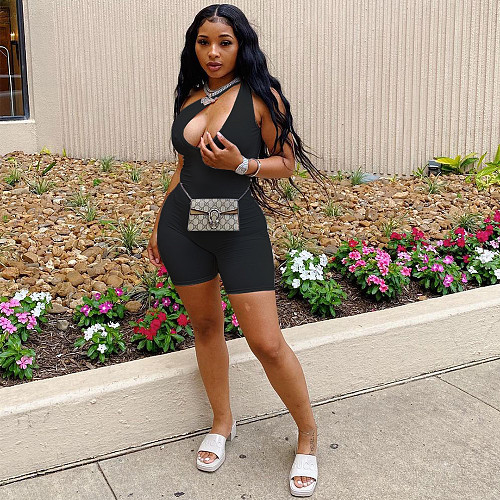 Summer 2021 Women Fashion Solid Hollow Out Slanted Shoulder Streetwear Sleeveless Bodycon Romper BNY-7191