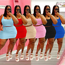 Plus Size 2021 Summer Solid Women Square Neck Sleeveless Crop Top+Elastic Waist Mini Skirt 2 Piece Set WA-77211