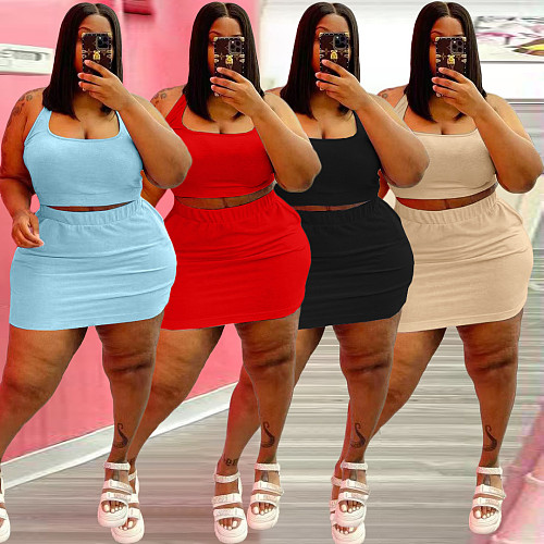 Plus Size 2021 Summer Solid Women Square Neck Sleeveless Crop Top+Elastic Waist Mini Skirt 2 Piece Set WA-77211