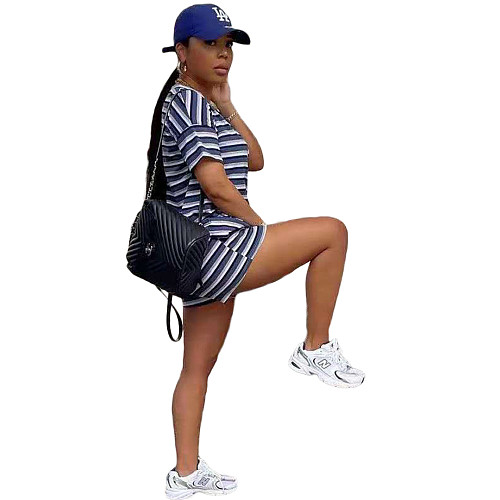 2021 New Style Women's Summer Stripe Short Sleeve O Neck T Shirts Shorts Two-Piece Leisure Wear Set NIYA-8077