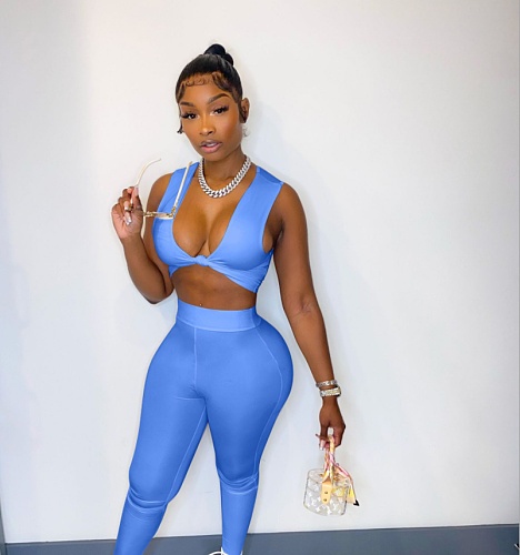 Sexy Solid Color Sleeveless Deep V Neck Knot Crop Tops Skinny Pants Summer Women Two Piece Set NM-8375