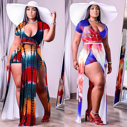Plus Size Summer Clothing Tie Dye Short Sleeve V Neck Crop Top Irregular Patchwork Shorts 2 Piece Set NY-2116