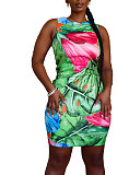 Sexy Summer Print Sleeveless O Neck Basic Bodycon Midi Club Party Dresses ZAND-31133