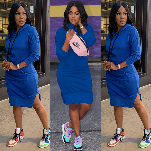 Casual Streetwear Solid Color Long Sleeve Pocket Autumn Hooded Sweatshirt Women Midi Dress MEY-20763