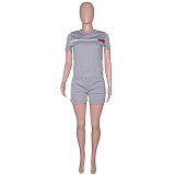Fashion Short Sleeve O Neck T Shirt Side Stripes Patchwork Biker Shorts Two Piece Set SH-390166