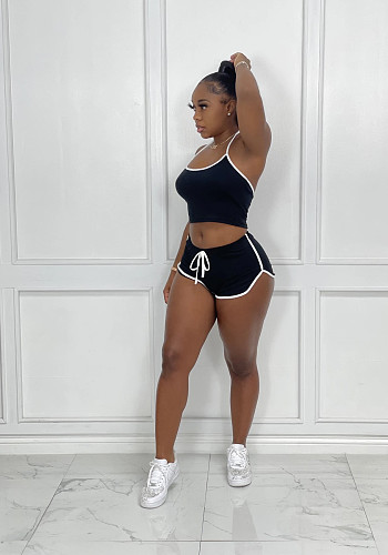 Casual Solid Women Clothing Halter Crop Tops Shorts Jogger Fitness Tracksuit Two Piece Matching Set DAI-8359