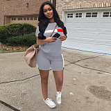 Fashion Short Sleeve O Neck T Shirt Side Stripes Patchwork Biker Shorts Two Piece Set SH-390166