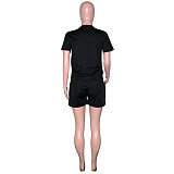 Fashion Short Sleeve O Neck T Shirt Side Stripes Patchwork Biker Shorts Two Piece Set SH-390166