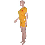 Fashion Short Sleeve O Neck T Shirt Side Stripes Patchwork Biker Shorts Two Piece Set SH-390166