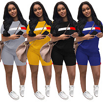 Fashion Short Sleeve O Neck T Shirt Side Stripes Patchwork Biker Shorts Two Piece Set SH-390166