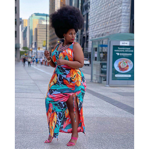 Women's Sexy Sleeveless Print Drawstring Tight High Waist Square Collar Summer Clothes Maxi Dress ASL-7033