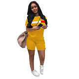 Fashion Short Sleeve O Neck T Shirt Side Stripes Patchwork Biker Shorts Two Piece Set SH-390166