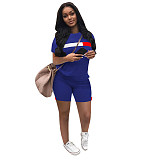 Fashion Short Sleeve O Neck T Shirt Side Stripes Patchwork Biker Shorts Two Piece Set SH-390166