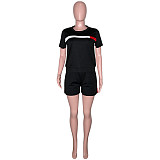 Fashion Short Sleeve O Neck T Shirt Side Stripes Patchwork Biker Shorts Two Piece Set SH-390166