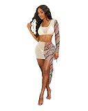 Women Mesh Patchwork One Shoulder Long Sleeve Crop Top Irregular Skirt 2 Piece Set ZAND-31136