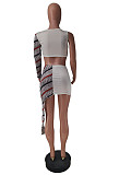 Women Mesh Patchwork One Shoulder Long Sleeve Crop Top Irregular Skirt 2 Piece Set ZAND-31136