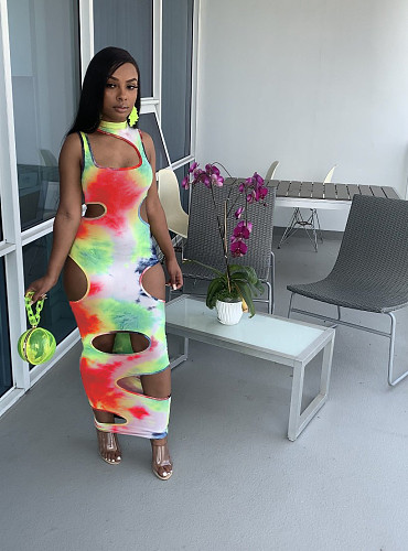 2021 Summer Sexy Women Tie Dye Print Sleeveless Hollow Out Bodycon Club Party Maxi Dress XING-069