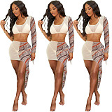 Women Mesh Patchwork One Shoulder Long Sleeve Crop Top Irregular Skirt 2 Piece Set ZAND-31136