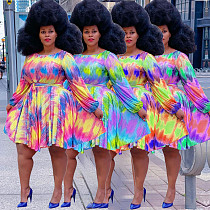Women Elegant Tie Dye Printed Round Neck Long Sleeve With Belt Plus Size Chic A Line Midi Dresses JLY-19213 Women Elegant Tie Dye Printed Round Neck Long Sleeve With Belt Plus Size Chic A Line Midi Dresses JLY-19213