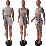 Women Mesh Patchwork One Shoulder Long Sleeve Crop Top Irregular Skirt 2 Piece Set ZAND-31136