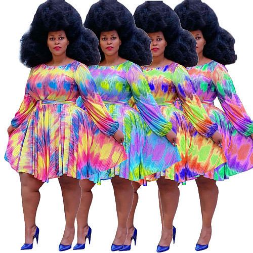 Women Elegant Tie Dye Printed Round Neck Long Sleeve With Belt Plus Size Chic A Line Midi Dresses JLY-19213