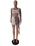 Women Mesh Patchwork One Shoulder Long Sleeve Crop Top Irregular Skirt 2 Piece Set ZAND-31136