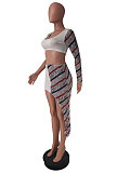 Women Mesh Patchwork One Shoulder Long Sleeve Crop Top Irregular Skirt 2 Piece Set ZAND-31136