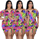Plus Size Leaves Print Women Off Shoulder Short Sleeve Summer Ruched Drawstring Bandage Mini Dress ASL-7035