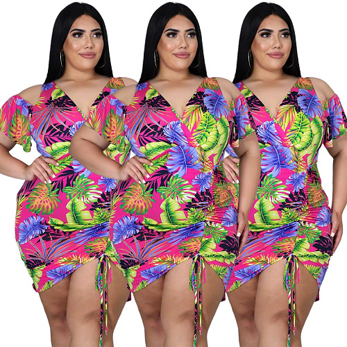 Plus Size Leaves Print Women Off Shoulder Short Sleeve Summer Ruched Drawstring Bandage Mini Dress ASL-7035
