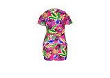 Plus Size Leaves Print Women Off Shoulder Short Sleeve Summer Ruched Drawstring Bandage Mini Dress ASL-7035