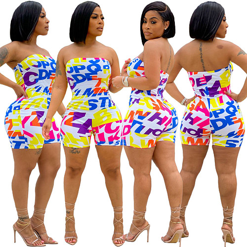 Hot Sale Women Letter Print Strapless Sexy Club Bodycon Mid Waist High Stretch Summer One Piece Romper LM-8258