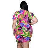 Plus Size Leaves Print Women Off Shoulder Short Sleeve Summer Ruched Drawstring Bandage Mini Dress ASL-7035
